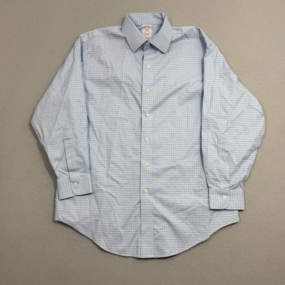 Brooks Brothers Button Down Mens 16-32 Blue Traditional Non-Iron Tattersall Prep